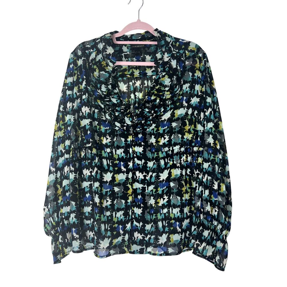 Lane Bryant Black Blue Green Semi Sheer Button Up V-Neck Blouse Top Size 18/20